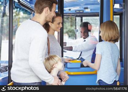Family Boarding Bus And Buying Ticket