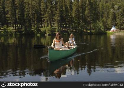 Family canoeing on the lake