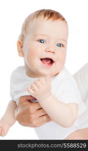 family, child and parenthood concept - close up of mother holding smiling baby