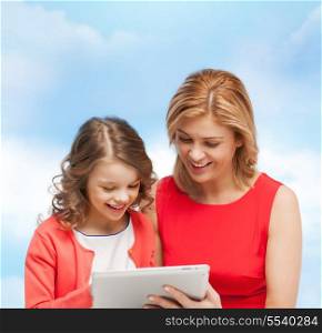 family, child and technology concpt - smiling mother and daughter with tablet pc computer