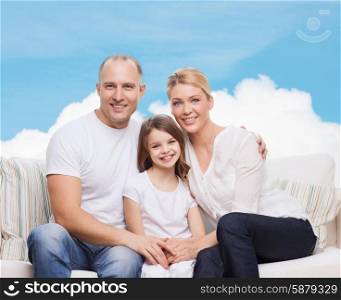 family, childhood and people concept - smiling mother, father and little girl over blue sky and white cloud background