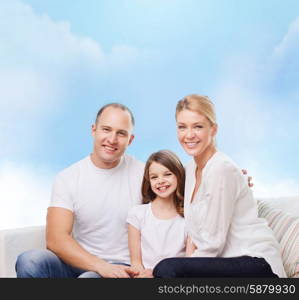 family, childhood and people - smiling mother, father and little girl over blue sky background