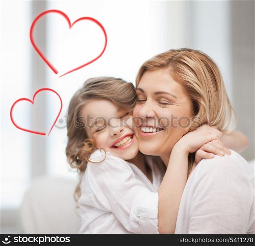 family, children and love concept - hugging mother and daughter