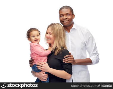 family, children, race and nationality concept - happy multiracial mother, father and little child