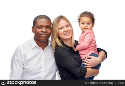 family, children, race and nationality concept - happy multiracial mother, father and little child