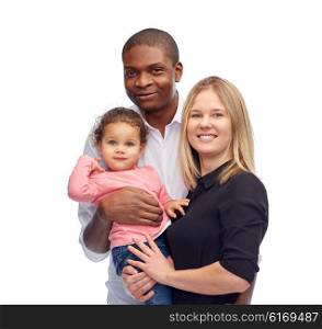 family, children, race and nationality concept - happy multiracial mother, father and little child