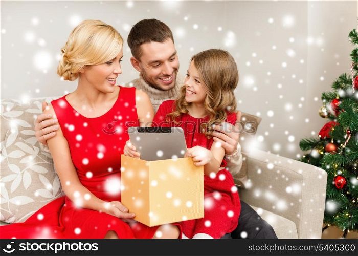 family, christmas, x-mas, winter, happiness, technology and people concept - smiling family with tablet pc