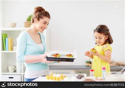 family, cooking and people concept - mother and little daughter baking muffins at home kitchen. mother and daughter baking muffins at home