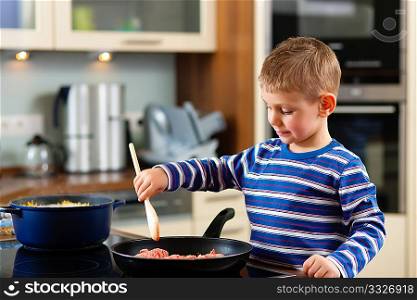 Family cooking in their kitchen ? the son is taking care fort he shopped meet