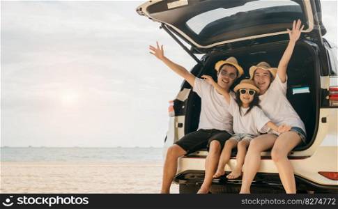 Family Day. Happy people having fun in summer vacation on beach, Family traveling in holiday at sea beach, Dad, mom and children daughter enjoying road trip sitting on family back car raise hand up