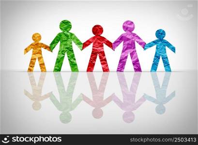 Family diversity and diverse parenting as a blended group of people together as loving parents and children as connected cutout paper.