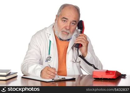 Family doctor talking on the phone isolated on white background