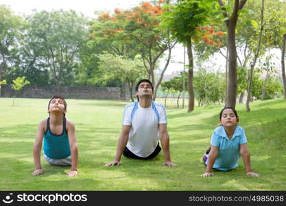 Family exercising in park