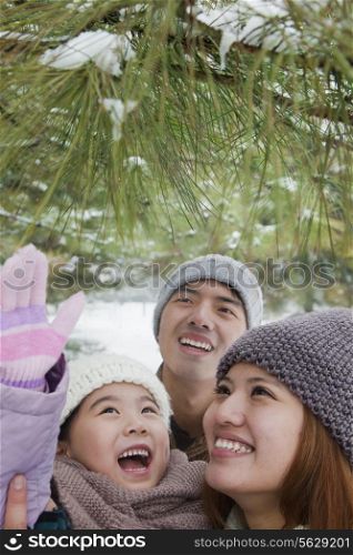 Family exploring in park in winter