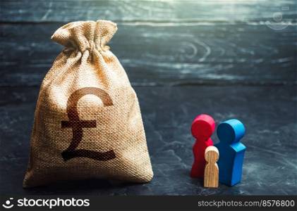 Family figurines and british pound sterling money bag. Social assistance and support. Income level, budget. Social research, consumer preferences. Marketing and targeting. Demographic grant.
