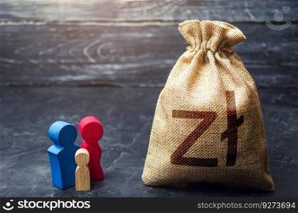 Family figurines and polish zloty money bag. Social assistance and support. Income level, budget. High debt. Social research, consumer preferences. Demographic grant.