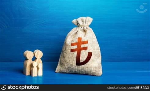 Family figurines and turkish lira money bag. Family budget. Investment in human capital. Income, expenses. Favorable conditions for population growth. Demography. Refugees crisis.