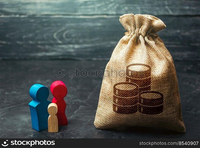 Family figurines near the money bag. Social assistance and support. Income level, budget. High debt. Segmentation. Marketing and targeting. Demographic grant. Social research, consumer preferences.