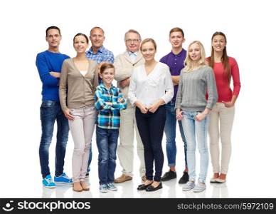 family, gender, generation and people concept - group of smiling men, women and boy