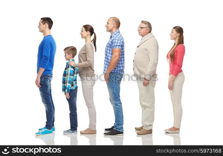 family, gender, high and people concept - group of men and women from side