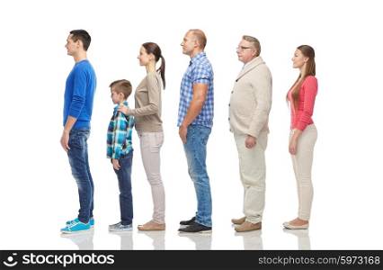family, gender, high and people concept - group of men and women from side