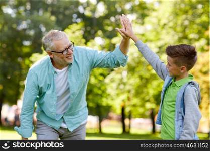 family, generation, gesture and people concept - happy grandfather and grandson making high five at summer park