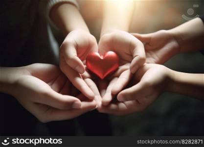 Family hands red heart. Love care. Generate Ai. Family hands red heart. Generate Ai