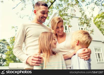 family, happiness, generation, home and people concept - happy family standing in front of house outdoors