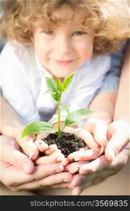 Family holding young green plant in hands. Ecology concept