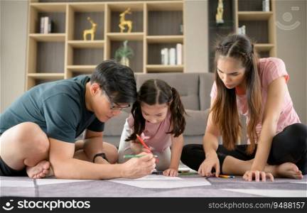 Family holiday activities where parents and children play together happily in the living room of the house.