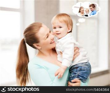 family, home and child care concept - mother with adorable baby thinking about father