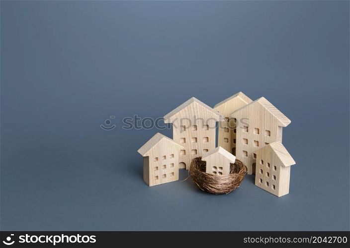 Family home concept. Residential buildings and houses in a bird&rsquo;s nest. Parenting metaphor. Investing in real estate. Mortgage. Buying a home for young families. Social support in purchase of housing.