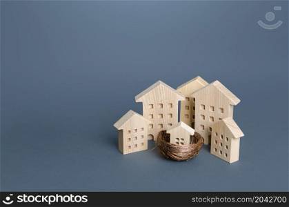 Family home concept. Residential buildings and houses in a bird&rsquo;s nest. Parenting metaphor. Investing in real estate. Mortgage. Buying a home for young families. Social support in purchase of housing.