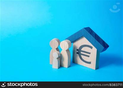 Family house with euro symbol. Mortgage. Property valuation. Buying a home. Realtor services. Cost of living, affordable housing social programs.
