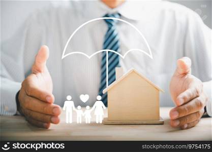 Family insurance and protection displayed. Businessman protective gesture with family silhouette. Icons for family, life, health, and house insurance. Conveying insurance concept.