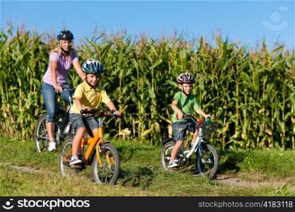 Family is cycling in summer - mother and two sons