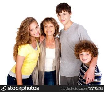 Family isolated on white background, posing indoors.
