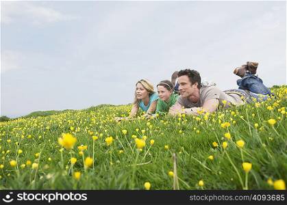 Family laying in field