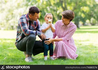 family, leisure and people concept - happy mother, father and little son eating ice cream at summer park. happy family at summer park