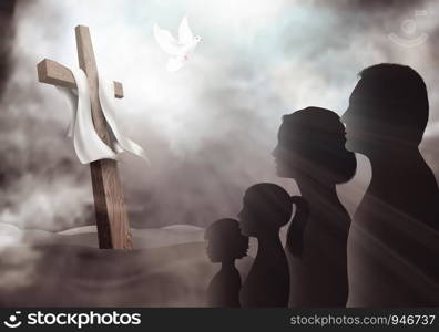 Family looking at the cross. Christian people. Profile silhouette with crucifix on a dark background. Prayer of believers. Lord worship. Dove Holy Spirit. Sacrifice to the cross