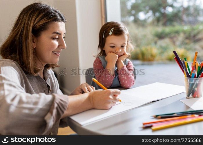 family, motherhood and leisure concept - mother spending time with her little daughter and drawing at home. mother with little daughter drawing at home