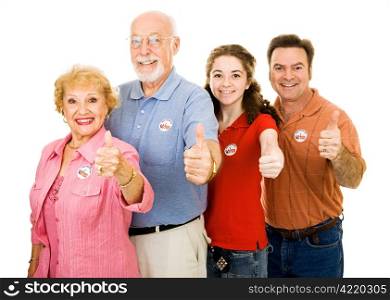 Family of American voters isolated on white giving a thumbsup. The I Voted stickers are generic, not trademarked.