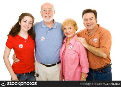 Family of American voters ranging in age from teen to senior. Isolated on white. I Voted stickers are generic, not trademarked.
