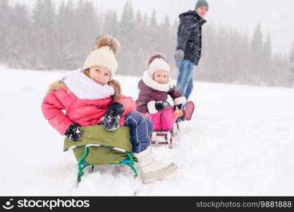 Family of dad and kids vacation on Christmas eve outdoors sledge and have fun in winter day. Family of dad and kids vacation on Christmas eve outdoors