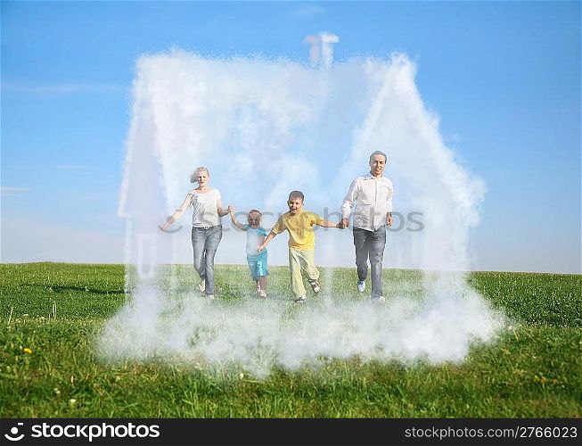 family of four running on grass and dream cloud house collage