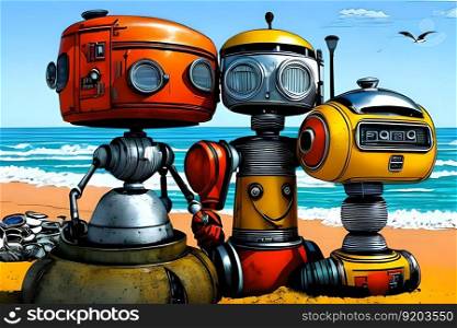 Family of surreal old metal robots in the beach by the sea. Generative AI