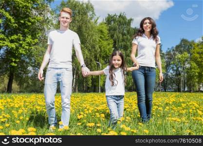 Family of three walking on spring meadow of blooming yellow dandelion flowers being happy. Family on flower meadow