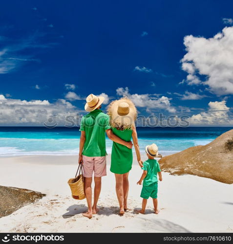 Family on beautiful Anse Intendance beach, young couple in green with three year old toddler boy. Summer vacation at Seychelles, Mahe.