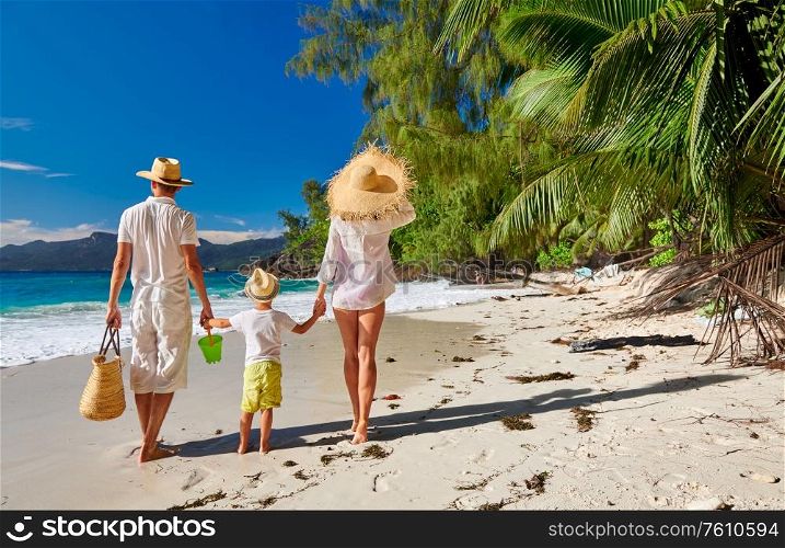 Family on beautiful Anse Soleil beach, young couple in white with three year old toddler boy. Summer vacation at Seychelles, Mahe.