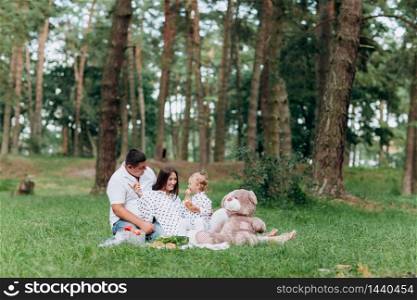 Family on picnic. Mom, dad and little daughter sitting on a blanket in the park. The concept of summer holiday. Mother&rsquo;s, father&rsquo;s, baby&rsquo;s day. Spending time together. Family look. Family on picnic. Mom, dad and little daughter sitting on a blanket in the park. The concept of summer holiday. Mother&rsquo;s, father&rsquo;s, baby&rsquo;s day. Spending time together. Family look.